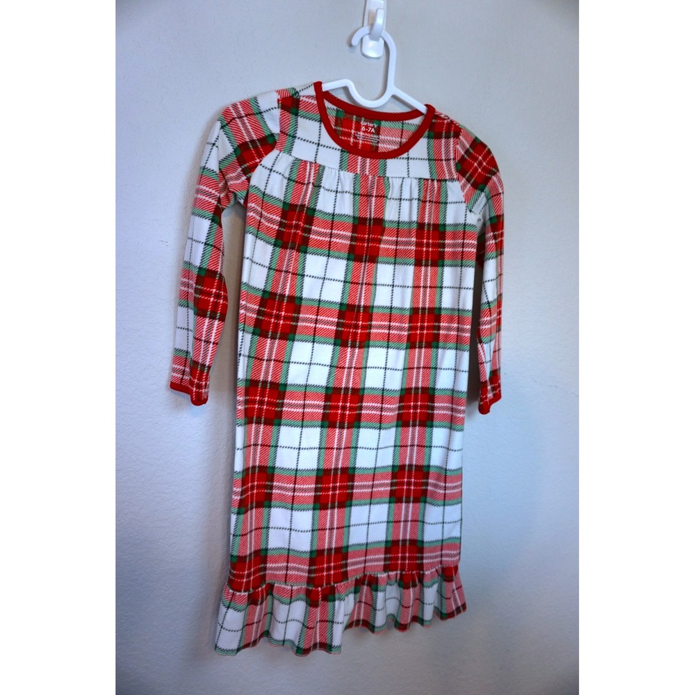 Carters Kids Red Green White Plaid Fleece Long Sleeve Nightgown Size 6-7A